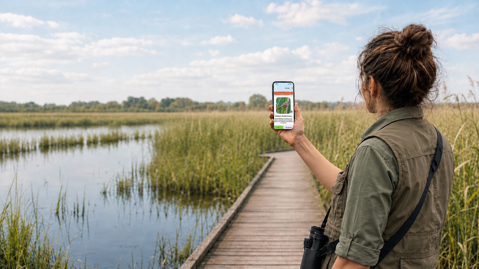 A birder on a boardwalk through a sunlit reedbed, holding up a phone that shows a bearded tit on screen